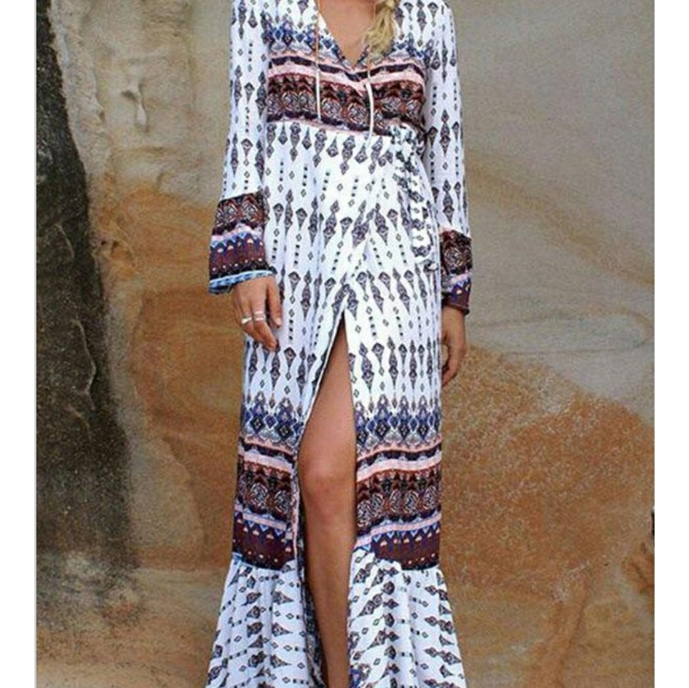 Boho Flare Sleeve Print Wrap Dress Like New A002 - Picture 2 of 4